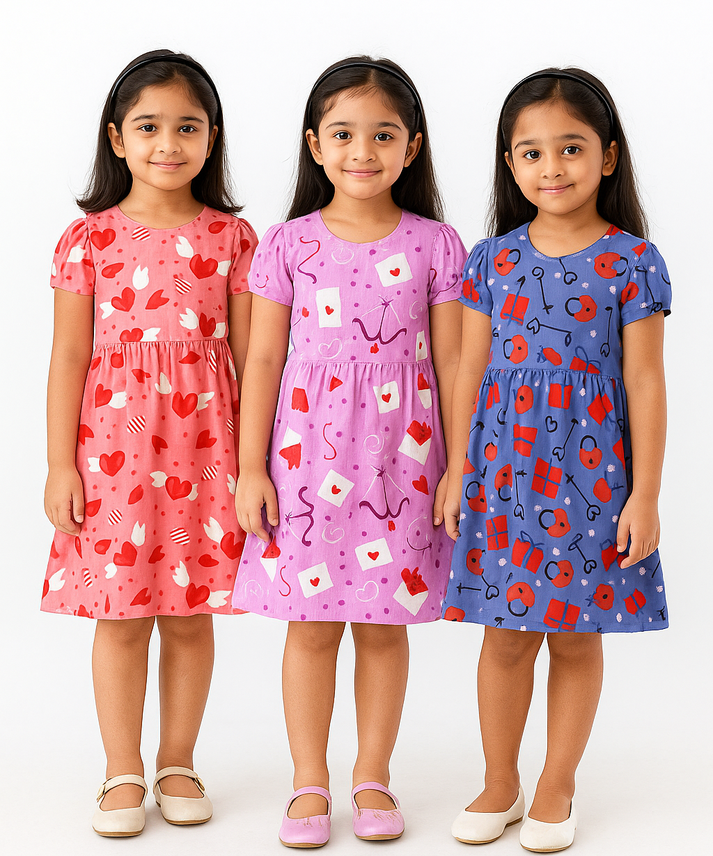 Girl Kids Frock 100% Cotton Floral Printed Gown Dress/Frock Dress | Age 1 to 5 Years (Pack of 3 Pieces)