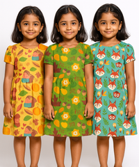 Girl Kids Frock 100% Cotton Floral Printed Gown Dress/Frock Dress | Age 1 to 5 Years (Pack of 3 Pieces)