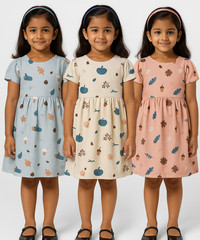 Girl Kids Frock 100% Cotton Floral Printed Gown Dress/Frock Dress | Age 1 to 5 Years (Pack of 3 Pieces)