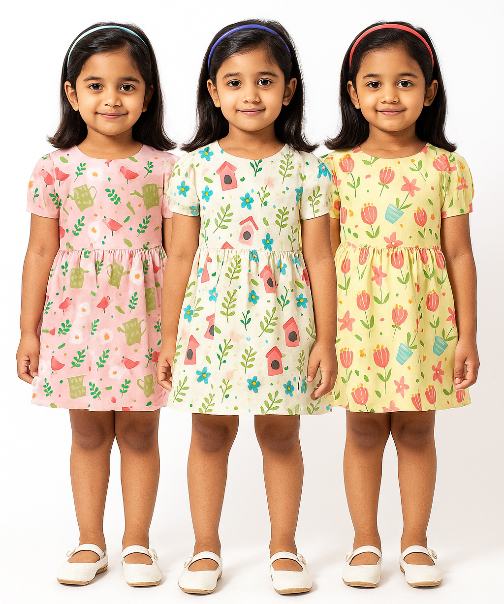 Girl Kids Frock 100% Cotton Floral Printed Gown Dress/Frock Dress | Age 1 to 5 Years (Pack of 3 Pieces)