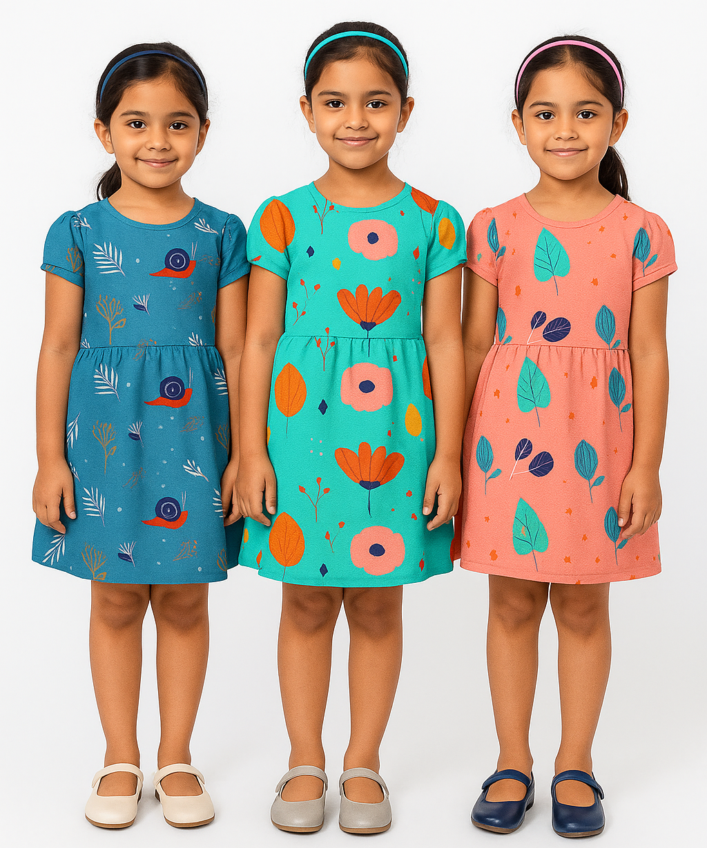 Girl Kids Frock 100% Cotton Floral Printed Gown Dress/Frock Dress | Age 1 to 5 Years (Pack of 3 Pieces)