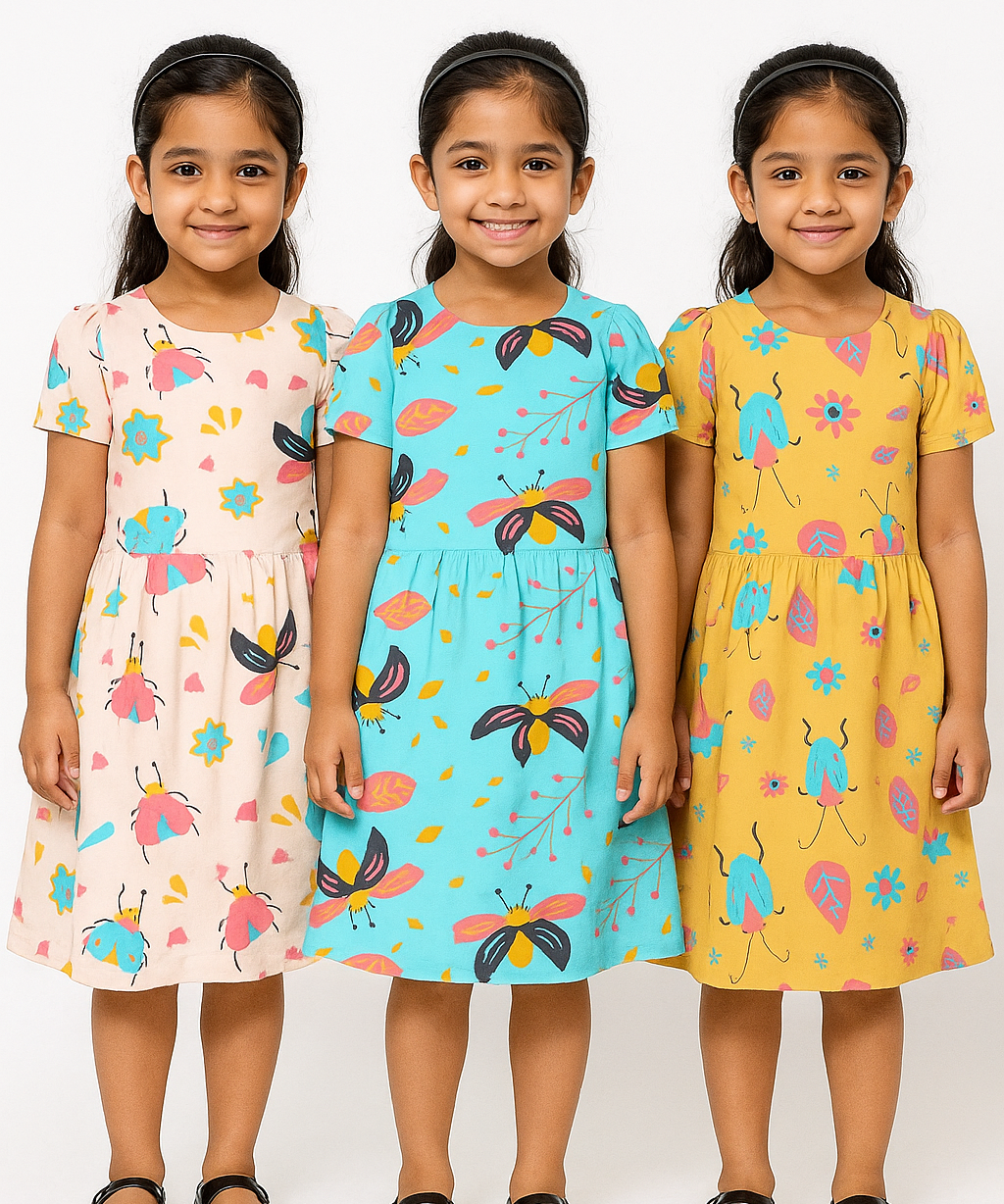 Girl Kids Frock 100% Cotton Floral Printed Gown Dress/Frock Dress | Age 1 to 5 Years (Pack of 3 Pieces)