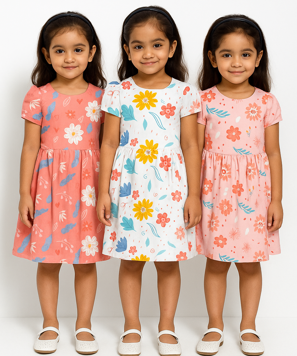 Girl Kids Frock 100% Cotton Floral Printed Gown Dress/Frock Dress | Age 1 to 5 Years (Pack of 3 Pieces)