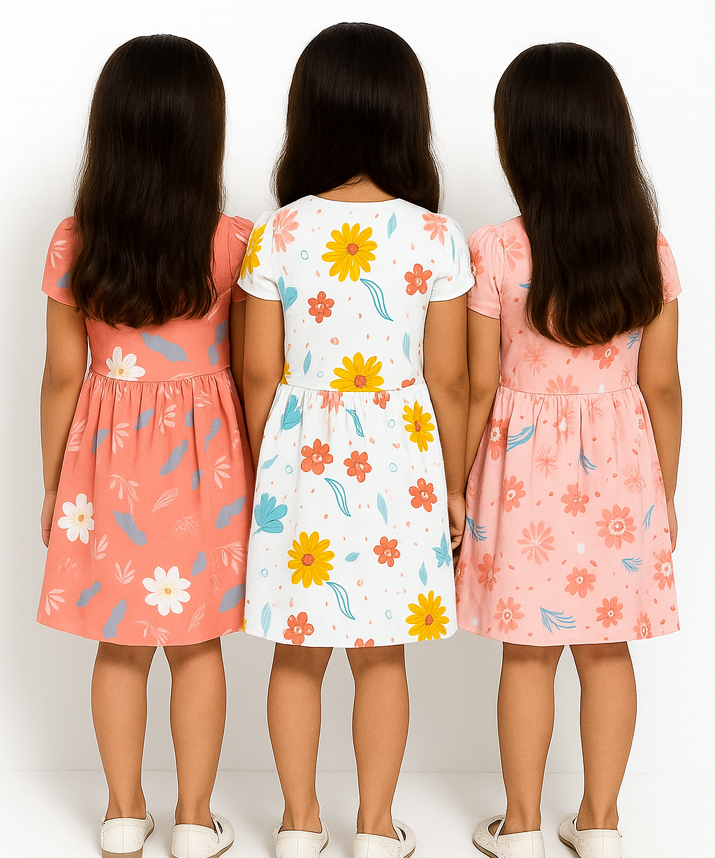 Girl Kids Frock 100% Cotton Floral Printed Gown Dress/Frock Dress | Age 1 to 5 Years (Pack of 3 Pieces)
