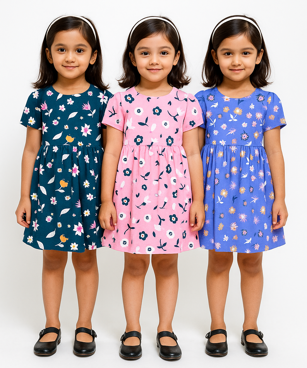 Girl Kids Frock 100% Cotton Floral Printed Gown Dress/Frock Dress | Age 1 to 5 Years (Pack of 3 Pieces)