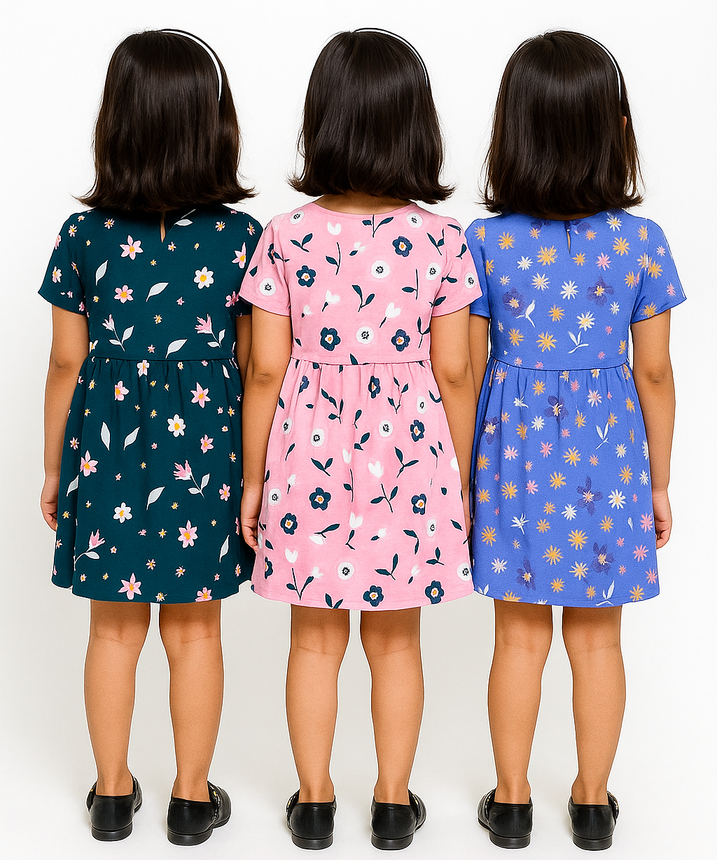 Girl Kids Frock 100% Cotton Floral Printed Gown Dress/Frock Dress | Age 1 to 5 Years (Pack of 3 Pieces)