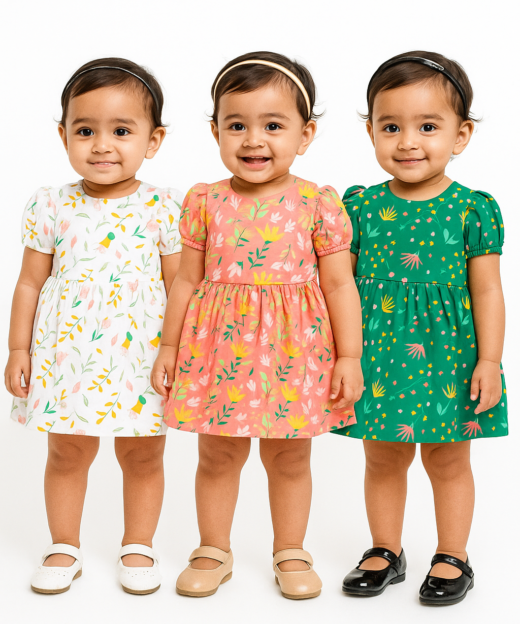 Girl Baby Frock 100% Cotton Floral Printed Gown Dress/Frock Dress | Age 0 to 12 Months (Pack of 3 Pieces)