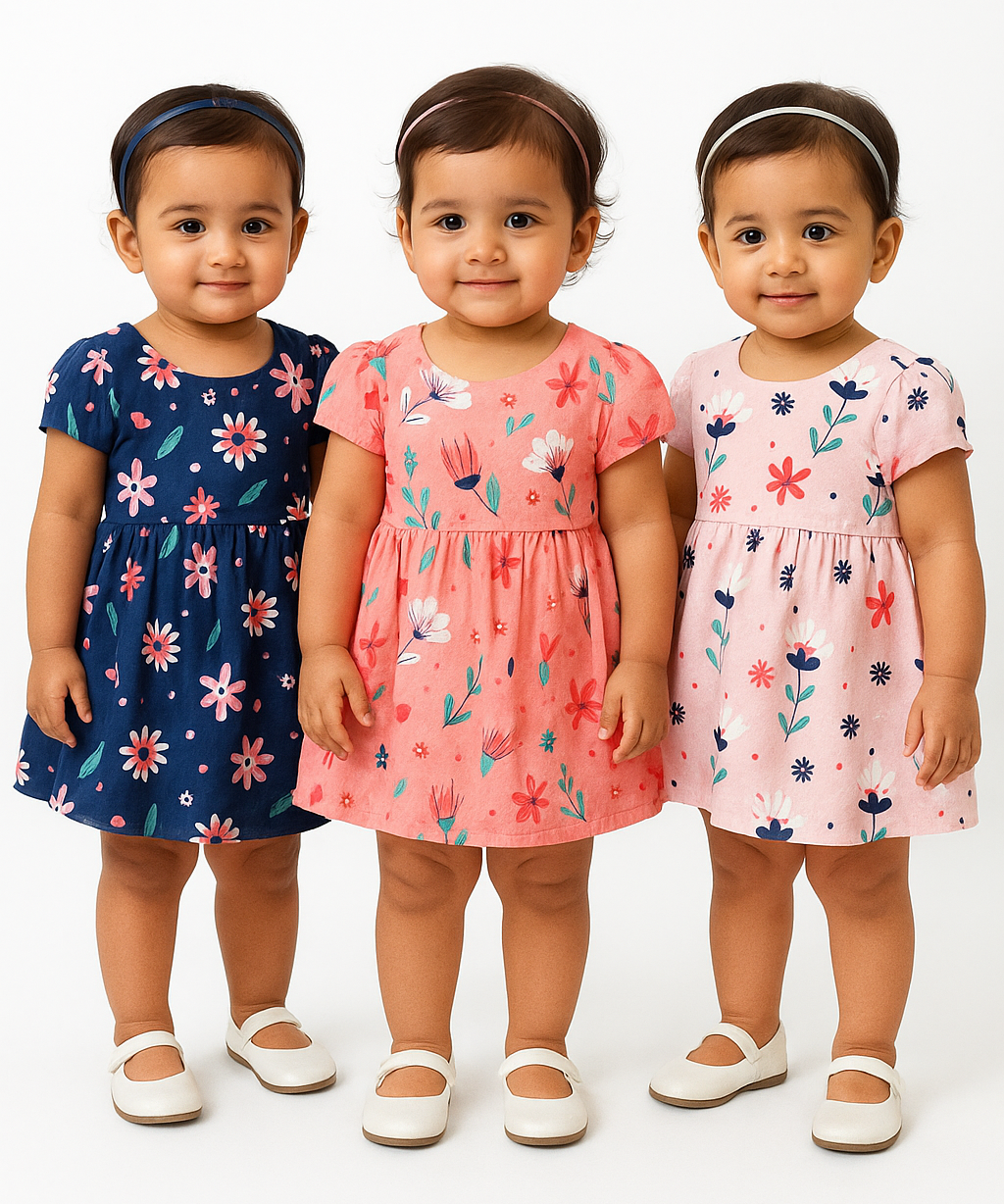Girl Baby Frock 100% Cotton Floral Printed Gown Dress/Frock Dress | Age 0 to 12 Months (Pack of 3 Pieces)