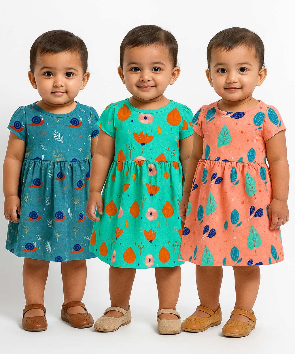 Girl Baby Frock 100% Cotton Floral Printed Gown Dress/Frock Dress | Age 0 to 12 Months (Pack of 3 Pieces)