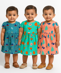 Girl Baby Frock 100% Cotton Floral Printed Gown Dress/Frock Dress | Age 0 to 12 Months (Pack of 3 Pieces)