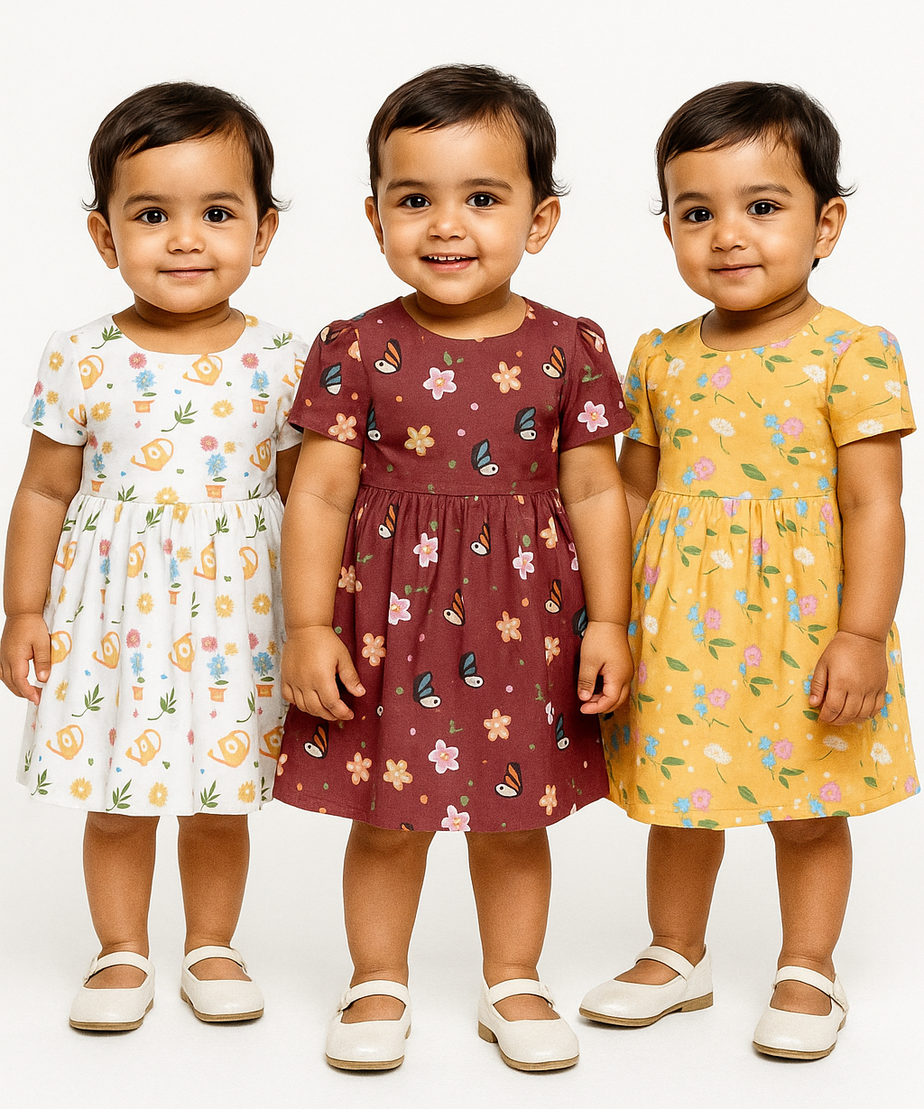 Girl Baby Frock 100% Cotton Floral Printed Gown Dress/Frock Dress | Age 0 to 12 Months (Pack of 3 Pieces)