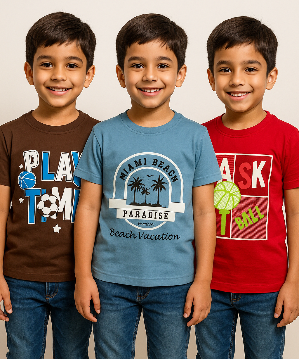 Kids 100% Cotton Fine Tshirt With Printed Multi Colour | Age 5 to 14 Years | (Pack of 3 Pieces)