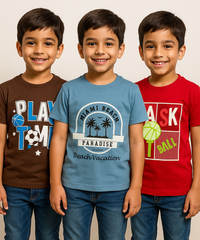 Kids 100% Cotton Fine Tshirt With Printed Multi Colour | Age 5 to 14 Years | (Pack of 3 Pieces)
