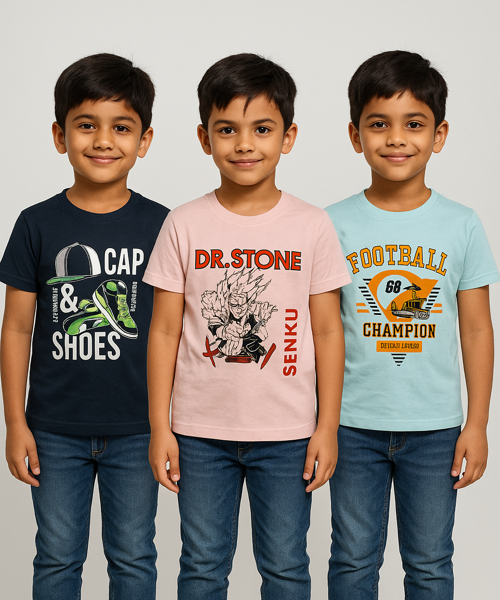 Kids 100% Cotton Fine Tshirt With Printed Multi Colour | Age 5 to 14 Years | (Pack of 3 Pieces)
