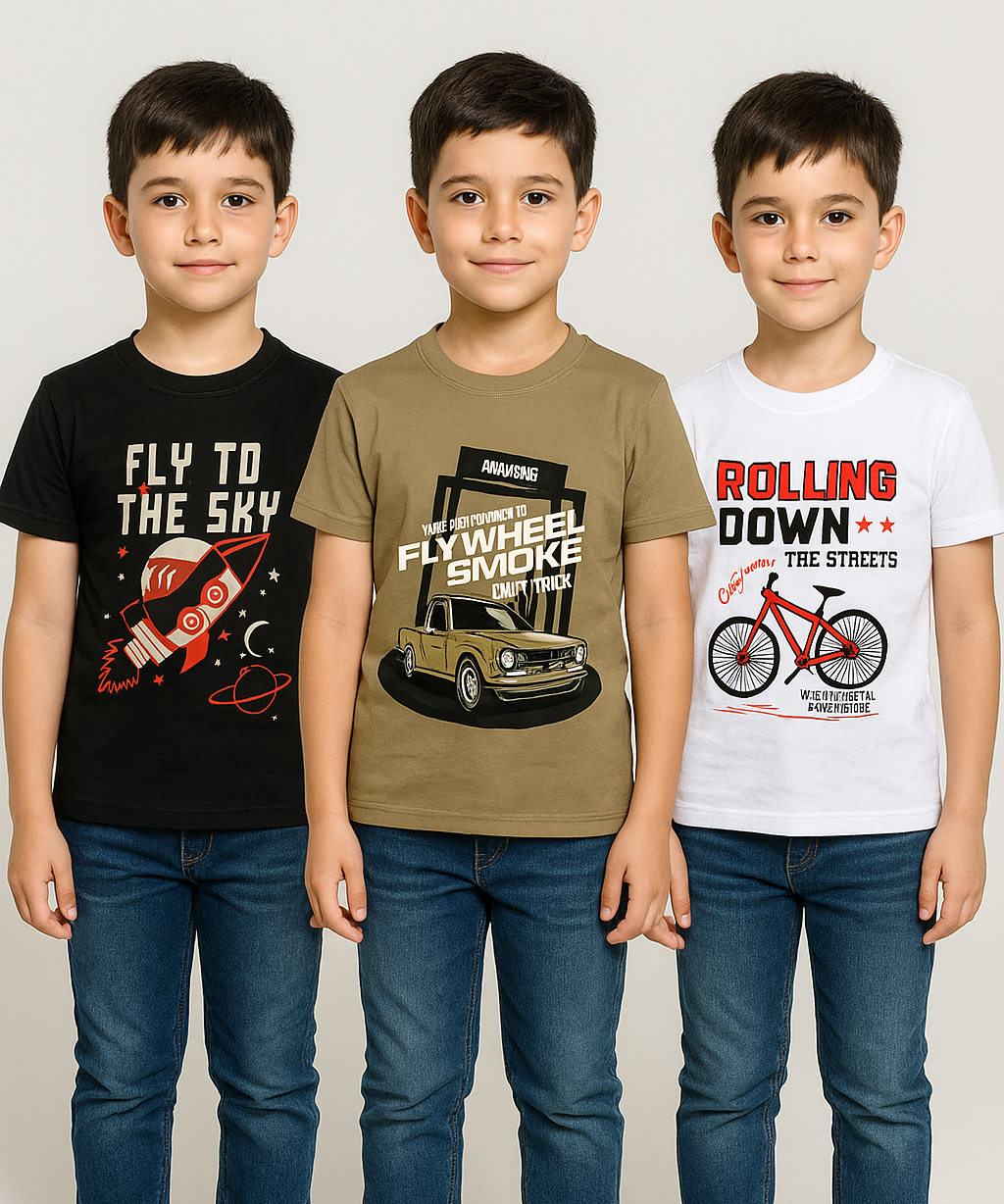 Kids 100% Cotton Fine Tshirt With Printed Multi Colour | Age 5 to 14 Years | (Pack of 3 Pieces)