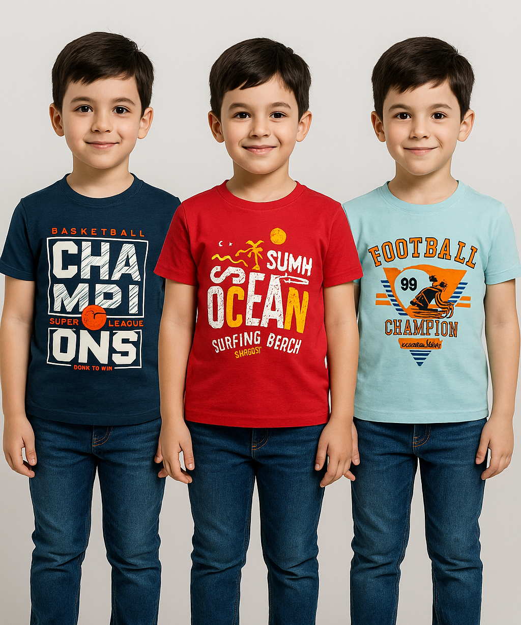 Kids 100% Cotton Fine Tshirt With Printed Multi Colour | Age 5 to 14 Years | (Pack of 3 Pieces)