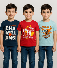Kids 100% Cotton Fine Tshirt With Printed Multi Colour | Age 5 to 14 Years | (Pack of 3 Pieces)