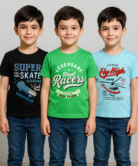 Kids 100% Cotton Fine Tshirt With Printed Multi Colour | Age 5 to 14 Years | (Pack of 3 Pieces)
