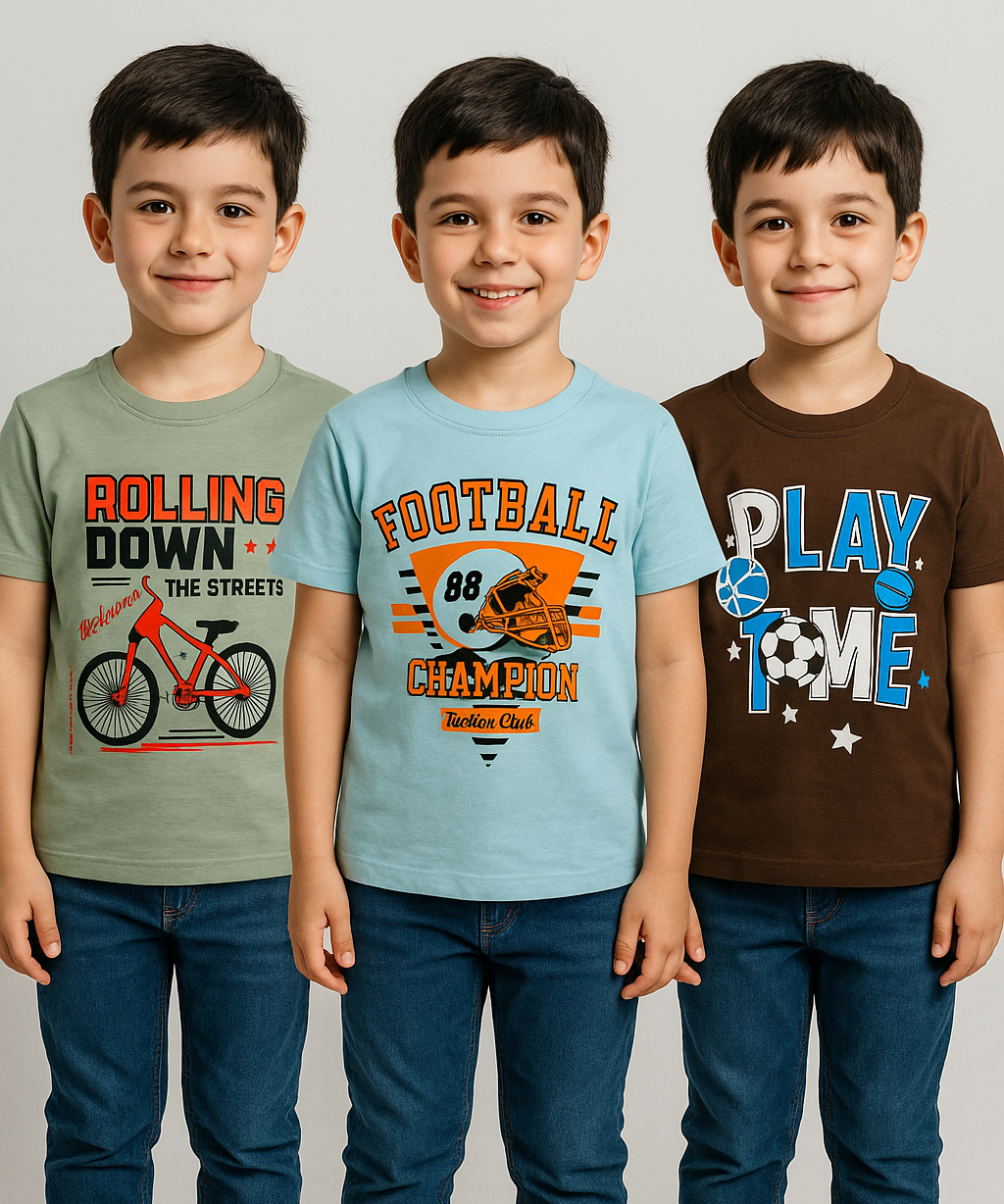 Kids 100% Cotton Fine Tshirt With Printed Multi Colour | Age 5 to 14 Years | (Pack of 3 Pieces)