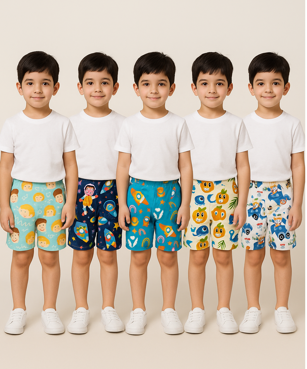 Pure Cotton Printed Shorts for Boys Kid with Elastic Age 1 to 4 Years (Pack of 10 Pieces)