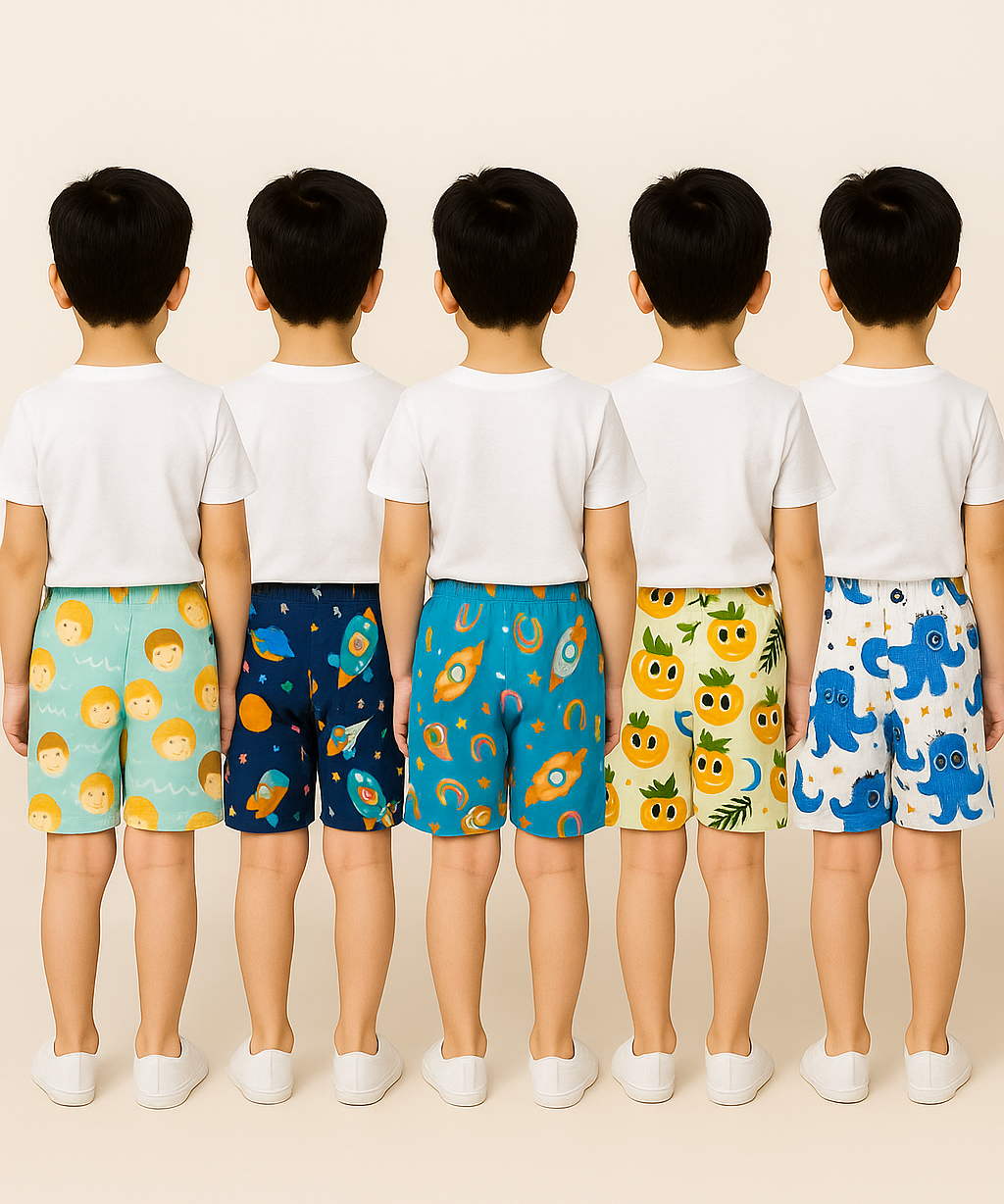 Pure Cotton Printed Shorts for Boys Kid with Elastic Age 1 to 4 Years (Pack of 10 Pieces)