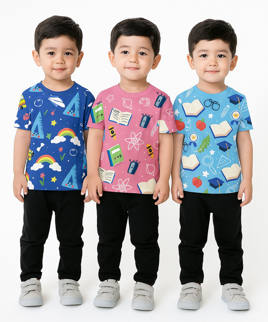 Kids All Over Printed Cotton Tshirt Multi Colour | Age 3 to 24 Months (Pack of 3 Pieces)