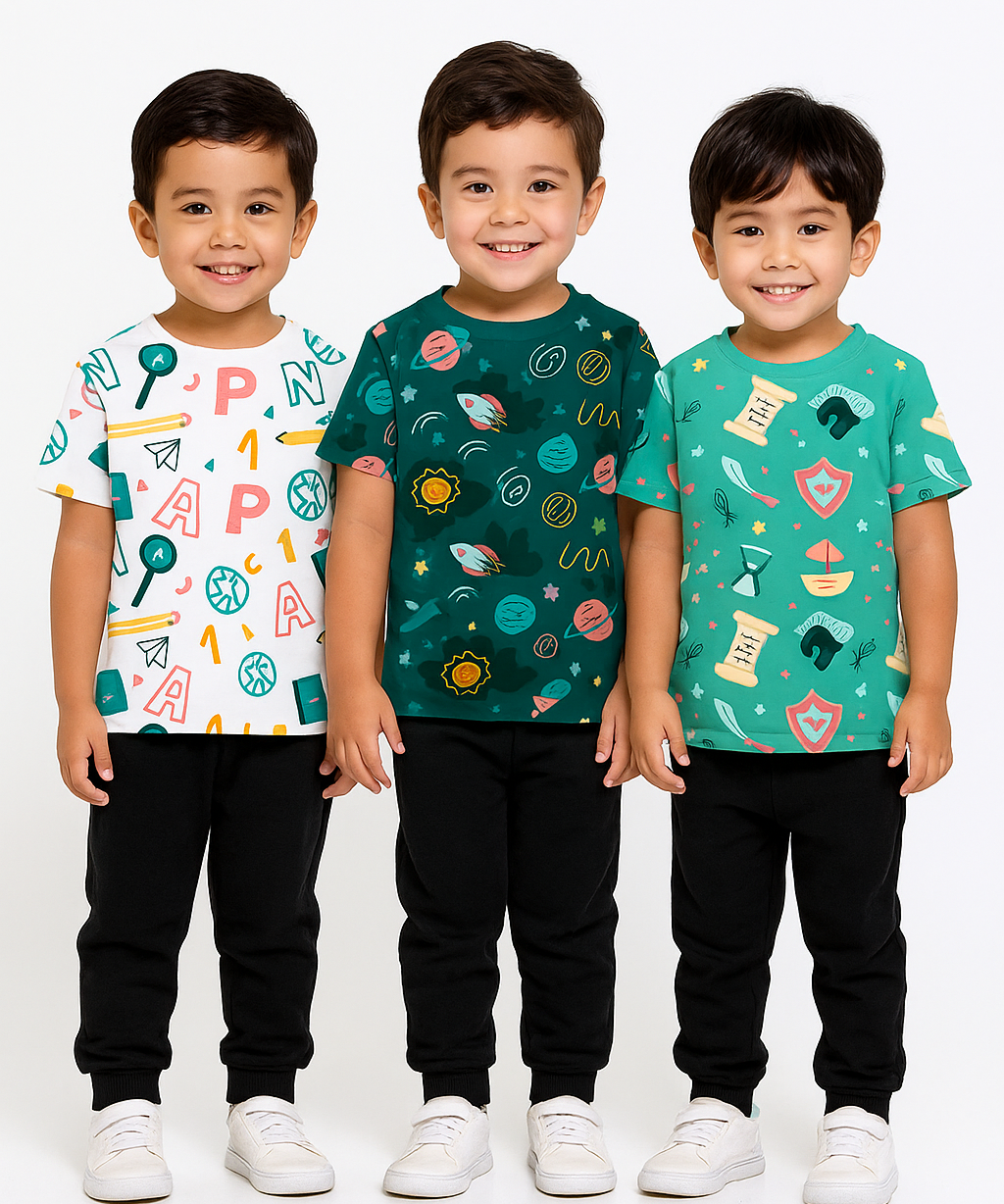Kids All Over Printed Cotton Tshirt Multi Colour | Age 3 to 24 Months (Pack of 3 Pieces)