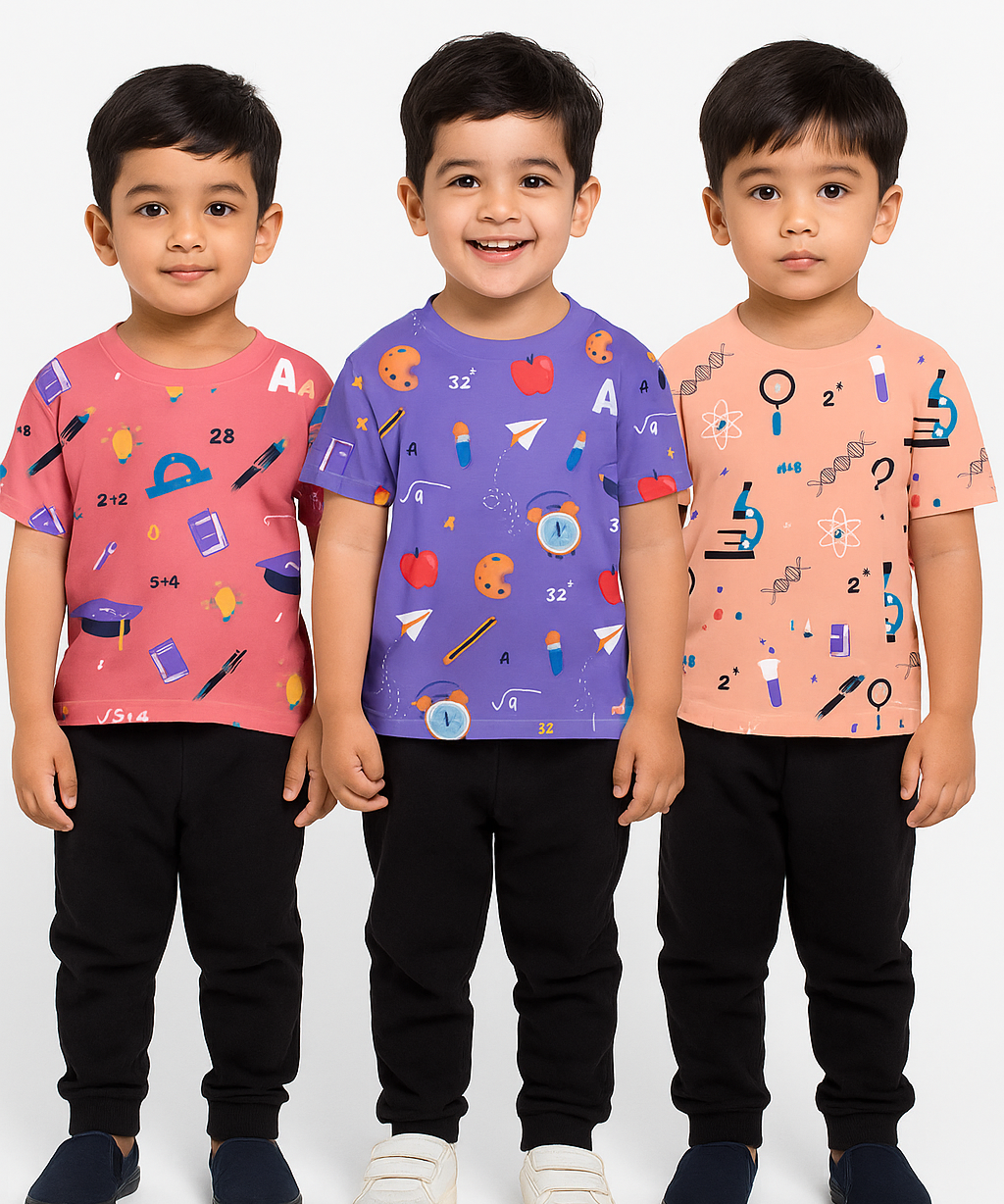 Kids All Over Printed Cotton Tshirt Multi Colour | Age 3 to 24 Months (Pack of 3 Pieces)