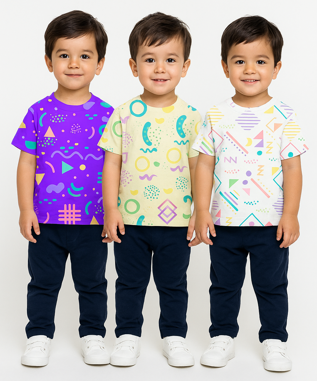 Kids All Over Printed Cotton Tshirt Multi Colour | Age 3 to 24 Months (Pack of 3 Pieces)