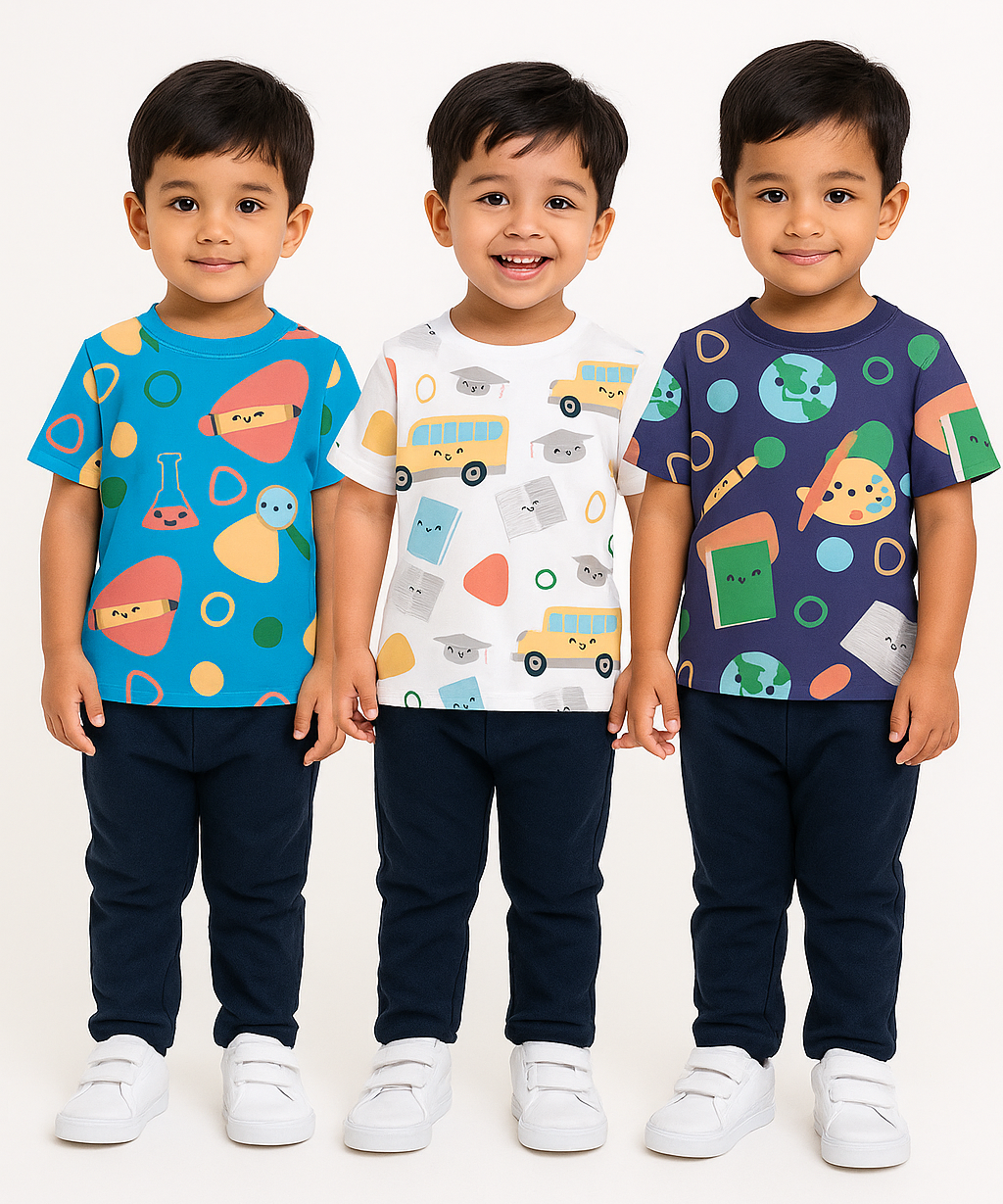 Kids All Over Printed Cotton Tshirt Multi Colour | Age 3 to 24 Months (Pack of 3 Pieces)