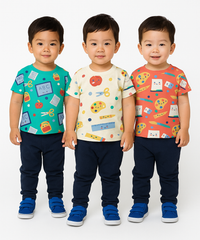 Kids All Over Printed Cotton Tshirt Multi Colour | Age 3 to 24 Months (Pack of 3 Pieces)