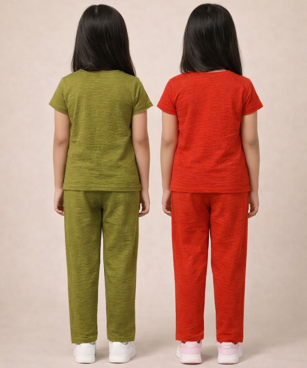Girls Textured Polyester Co-ord Set | Half Sleeve Top & Pants | Pack of 2 Pieces
