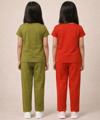 Girls Textured Polyester Co-ord Set | Half Sleeve Top & Pants | Pack of 2 Pieces
