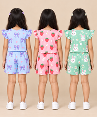 Girls All Over Printed | Flutter Sleeve Tshirt and Shorts Co-ord Set | Age 0 to 3 Years (Pack of 3 Sets)