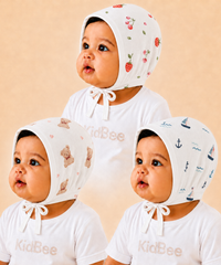 Baby Muslin Cotton Printed Bonnet Cap with Chin Tie – Soft & Comfortable Infant Headwear | 0–12 Months (Pack of 3)