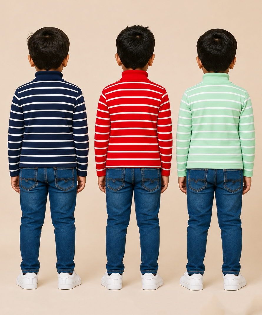 Kids Boys Full Sleeve Hi-Neck Stripes Rib T-shirt | Age 9 to 24 Months | Pack of 3 Pieces