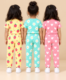 Girl Kids All Over Printed Tshirt and pant Co-ord Set | Age 6 Months to 4 Years (Pack of 3 Sets)