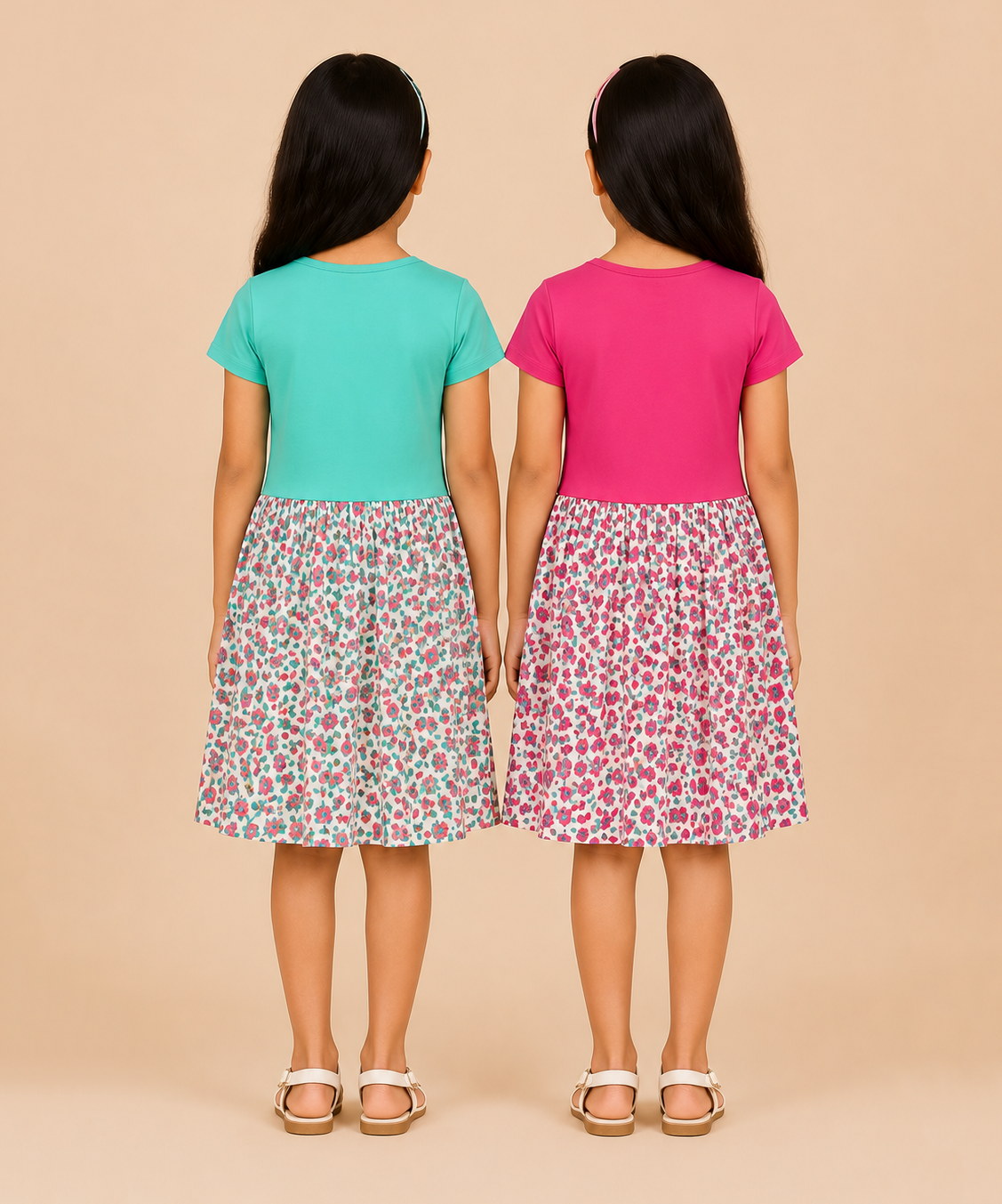 Girls Printed Half Sleeve Cotton Contrast Frock Dress | Floral Knee Length Casual Wear for Kids | Age - 5 to 10 Years | (Pack of 2)