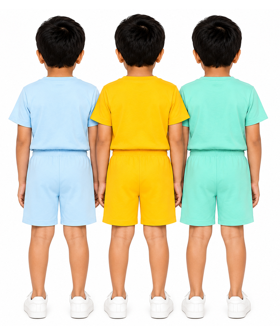Kids Typography Print T-Shirt & Shorts Co-Ord Set for Boys | Age 6 Months-3 Years | Pack Of 3 Set Combo