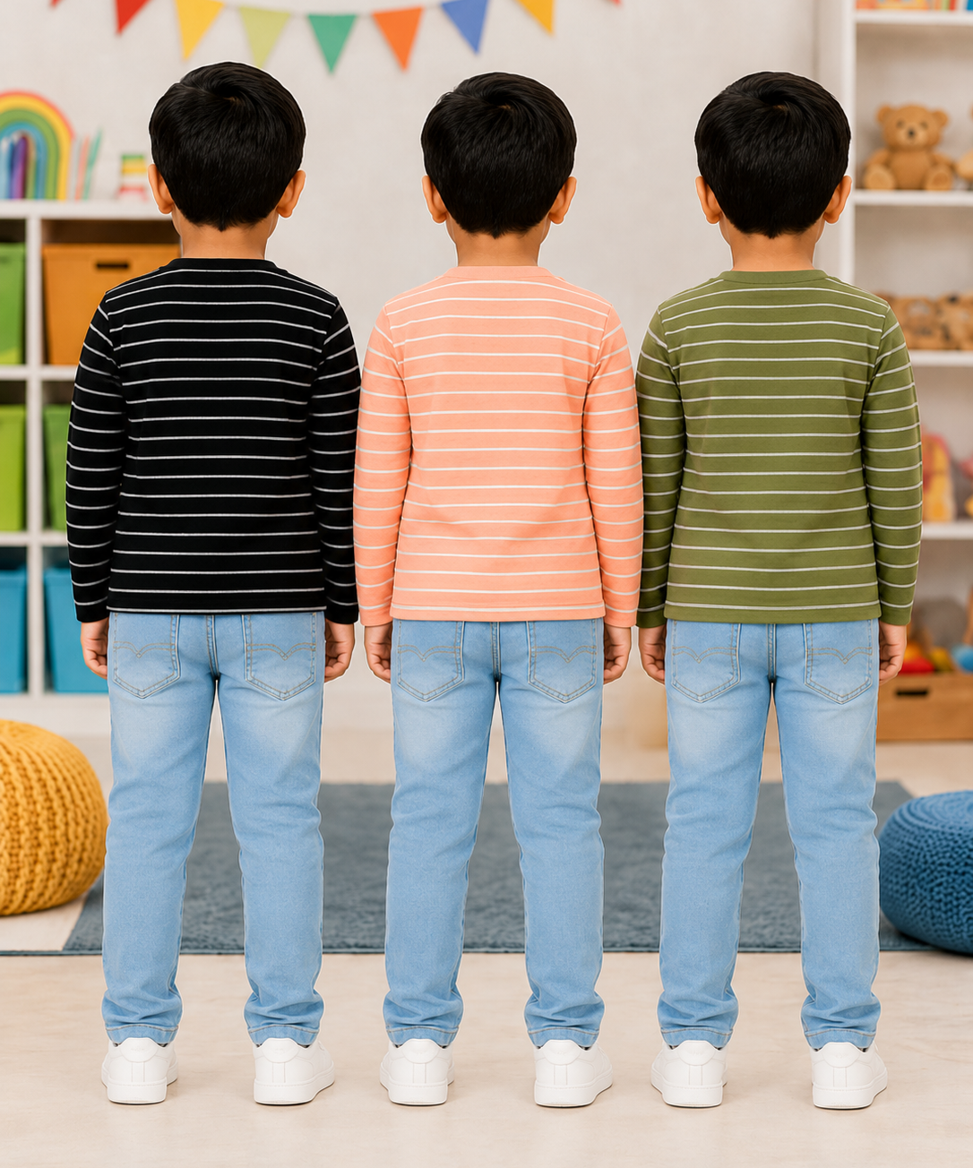 Kids Stripes Full Sleeve Cotton Tshirt | Age 0 to 3 Years (Pack of 3 Pieces)