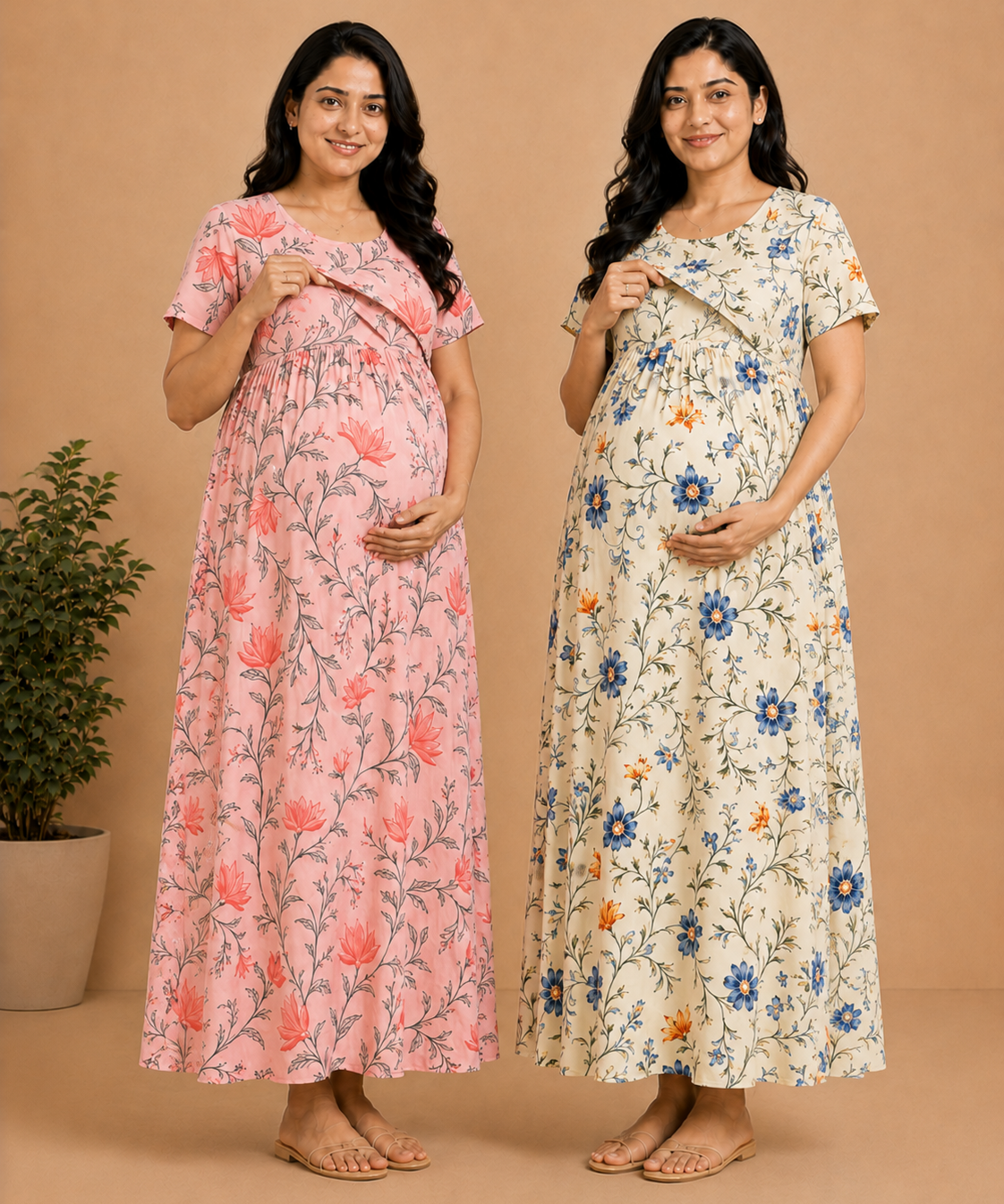 Maternity Feeding Maxi Dress | Nursing Friendly Nighty Style (Pack of 2 Pieces)