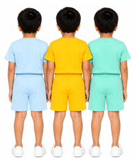 Kids Typography Print T-Shirt & Shorts Co-Ord Set for Boys | Age 6 Months-3 Years | Pack Of 3 Set Combo
