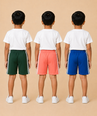 Kids Double Side Stripe Sports Shorts | Cotton Casual Shorts for Boys | Age 6-9 Years | Pack Of 3 Pieces Combo