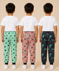 Kids Printed Cotton Track Pants for Boys | Soft Elastic Waist Full Length Joggers | Age 6 Months-5 Years | Pack of 3 Pieces