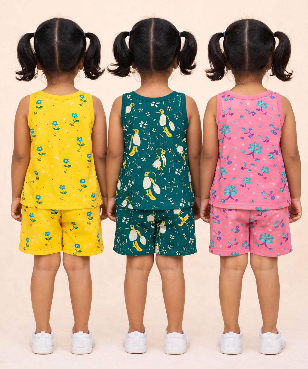 Girls Cotton Cartoon Printed Kids Sleeveless Set Combo | Age 0 to 3 Years | Sleeveless T-shirt & Shorts Co-ord Set (Pack of 3 Sets)