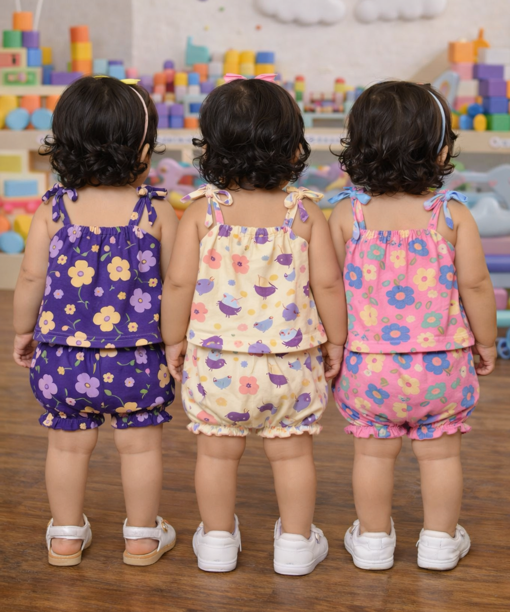 Boy & Girl Baby Printed Top Knot Dress | Top and Shorts Set | 100% Pure Cotton (Pack of 3 Sets Combo)