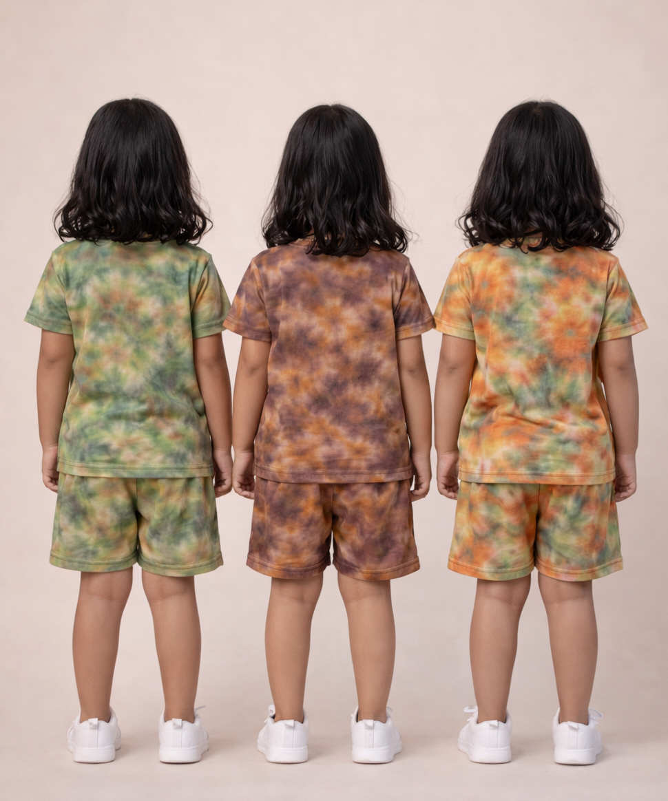 Kids Girls Tie-Dye Cloud Print Cotton T-Shirt & Shorts Co-ord Set | Pack of 3 Pieces | Age 1–4 Years
