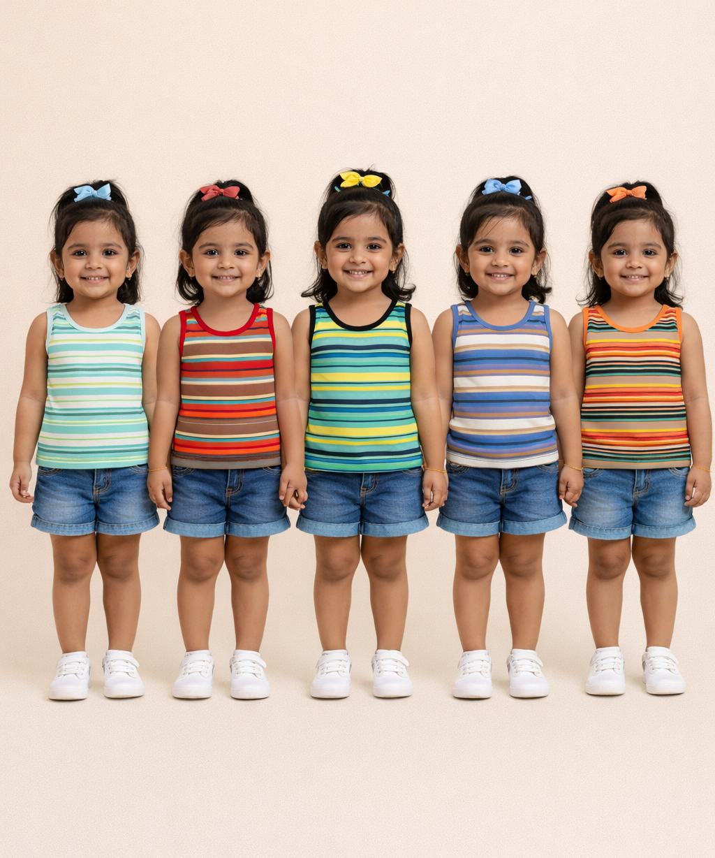 Cotton Stripes Kids Girls Sleeveless T-shirt (Pack of 5)