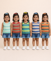 Cotton Stripes Kids Girls Sleeveless T-shirt (Pack of 5)