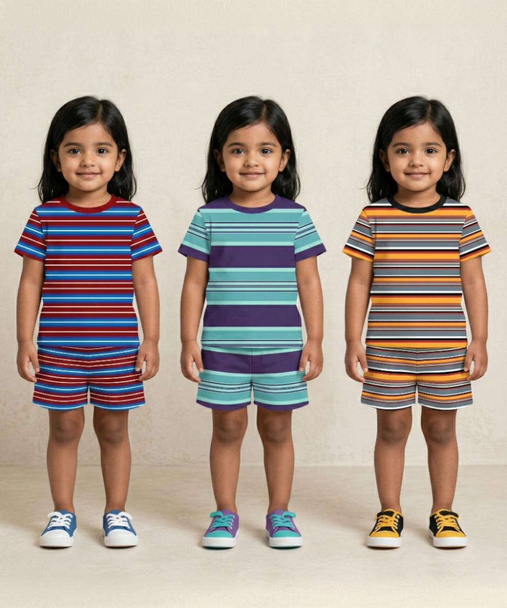 Girls Cotton Stripes Kids Co-ord Set Combo / Age 1-4 Years | T-shirt & Shorts (Combo Set Pack of 3)